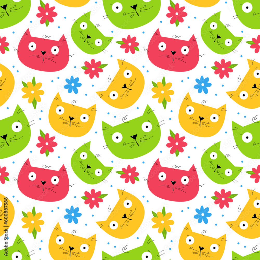 Naklejka premium Cartoon cats seamless pattern, vector hand drawn design with cats and flowers on white background