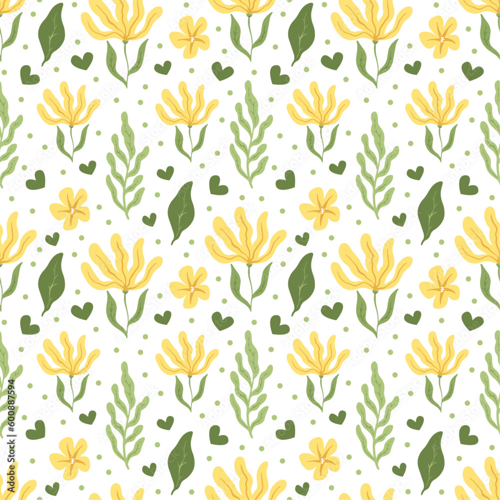 seamless pattern with yellow flowers and green leaves on white background