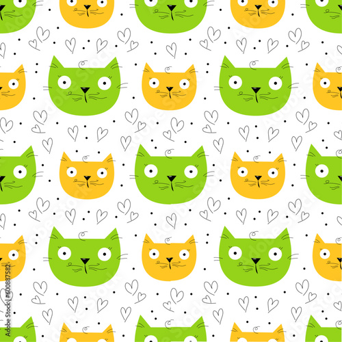 Vector pattern with cute cats and doodle hearts on white background