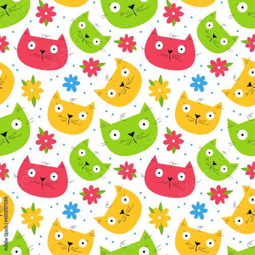 Cartoon cats seamless pattern  vector hand drawn design with cats and flowers on white background