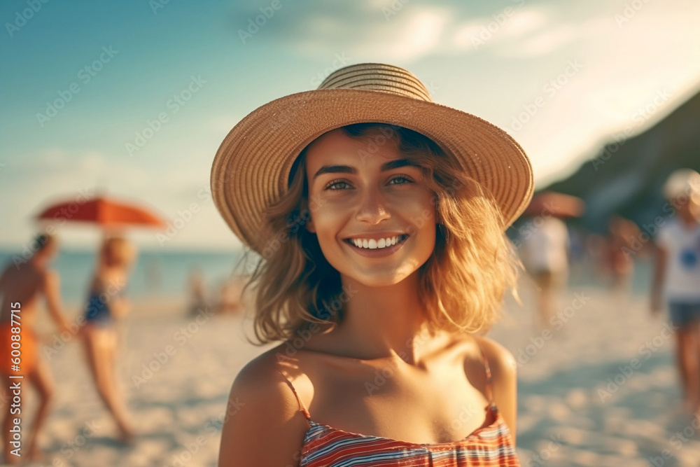 Portrait of a happy smiling woman in free happiness bliss on ocean beach standing with a hat. A female model in a white summer dress enjoying nature during travel holidays, Generative AI