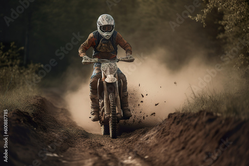 Motorcycle rider driving on the mountains and further down the off-road track. Man riding sport touring motorcycle on dirt field. A biker doing motocross as a sport. Generative AI