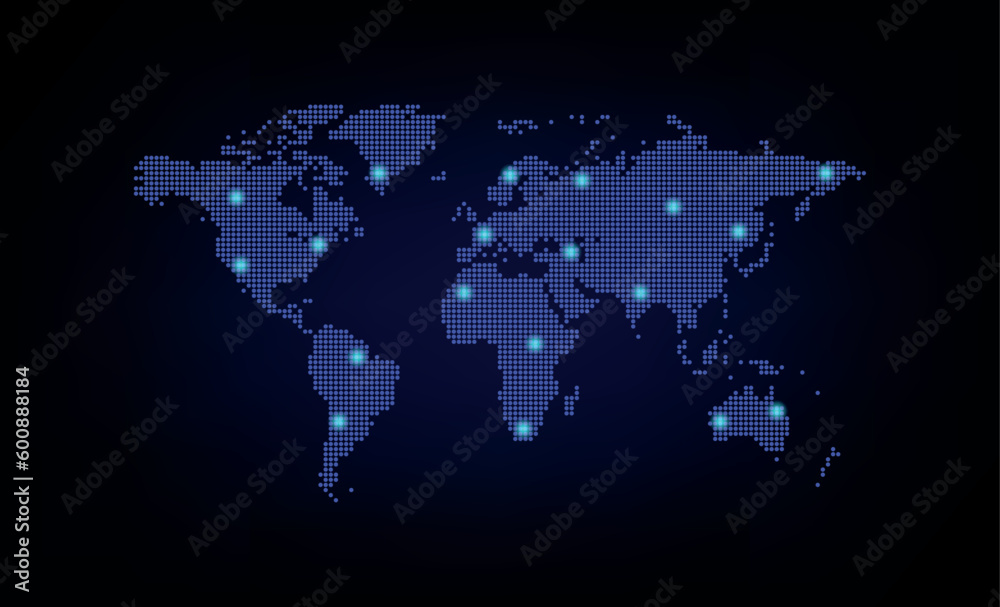 Dotted line world map, technology background Dotted line world map, technology background