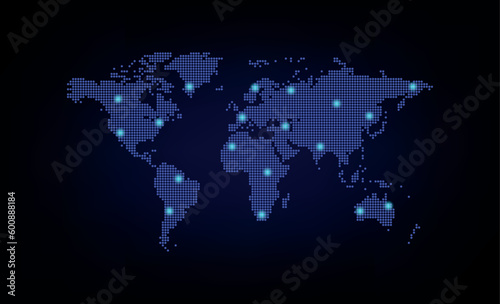 Dotted line world map, technology background