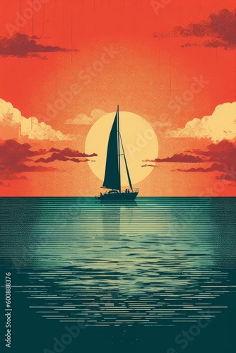 Sailboat out on the ocean, vector, retro aesthetic, illustration