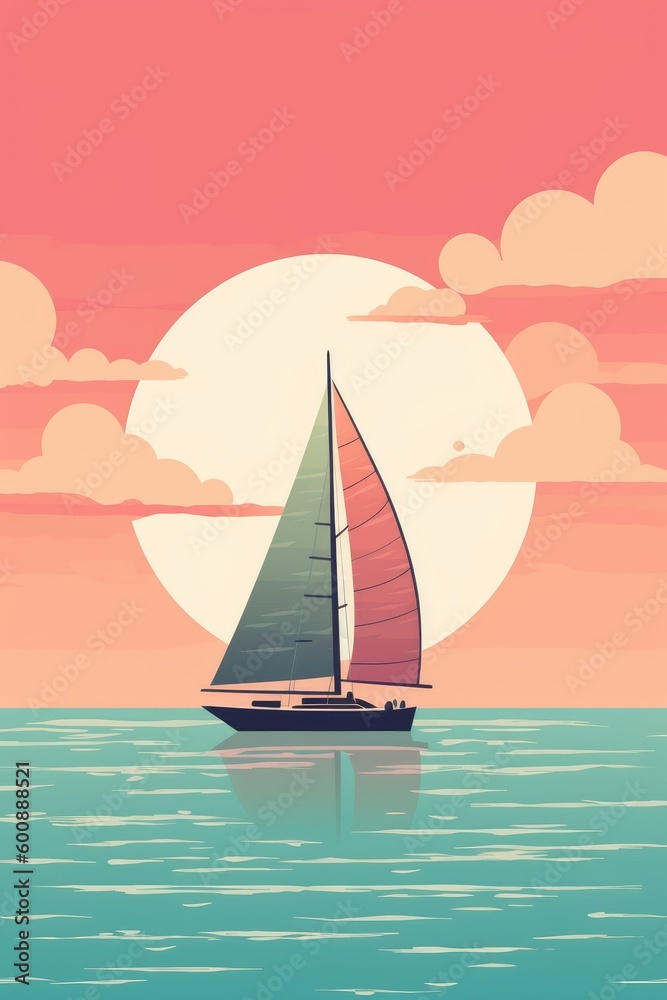 Sailboat out on the ocean, vector, retro aesthetic, illustration