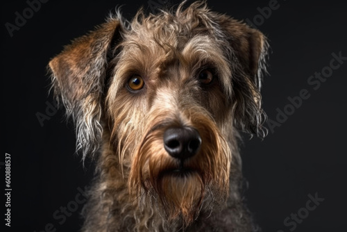 Portrait of an airedale terrier on dark background, created with Generative AI