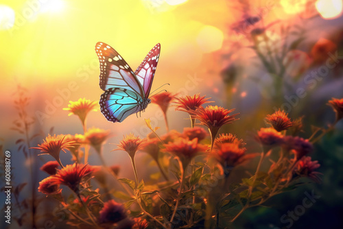 Nature background with flowers and butterfly in spring morning. Generative AI © maribom