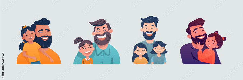 Cartoon Flat Characters - Father and His Little Daughter Set. Happy Smiling, Hugging People Couple - Dad, Daughter. Daddy s Daughter in Her Arms Hugs. Family, Fathers Day Concept. Vector Illustration Cartoon Flat Characters - Father and His Little Daughter Set. Happy Smiling, Hugging People Couple - Dad, Daughter. Daddy s Daughter in Her Arms Hugs. Family, Fathers Day Concept. Vector Illustration