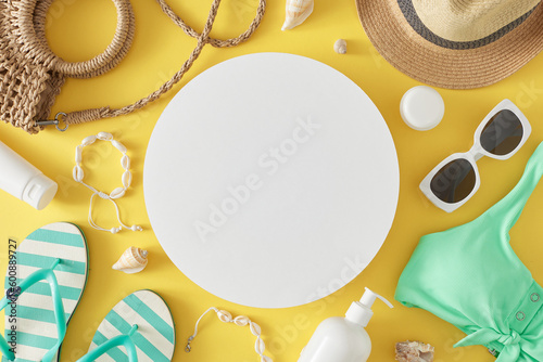 Beach vacation concept. Top view flat lay of beach accessories sunscreen bottles and seashells on light yellow background with blank circle in the middle for text or advert