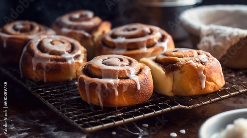 Close-up of cinnamon buns  on Cooling Rack, drizzled with icing, created with generative ai. Cinnamon rolls or Cinnamon buns
