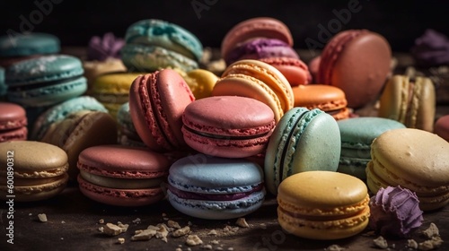 Colorful French macaroon cookies on dark  background. Top view, selective focus. AI generated