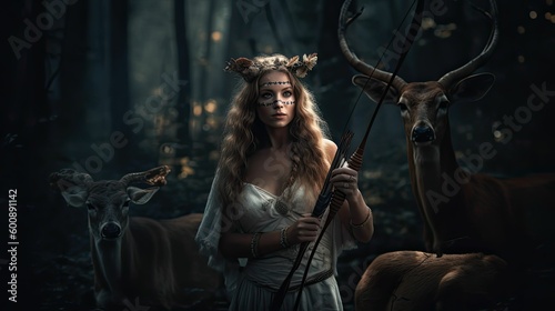 Lady of the Wild: Artemis, Mythical Goddess of the Hunt and Wilderness by Generative AI photo