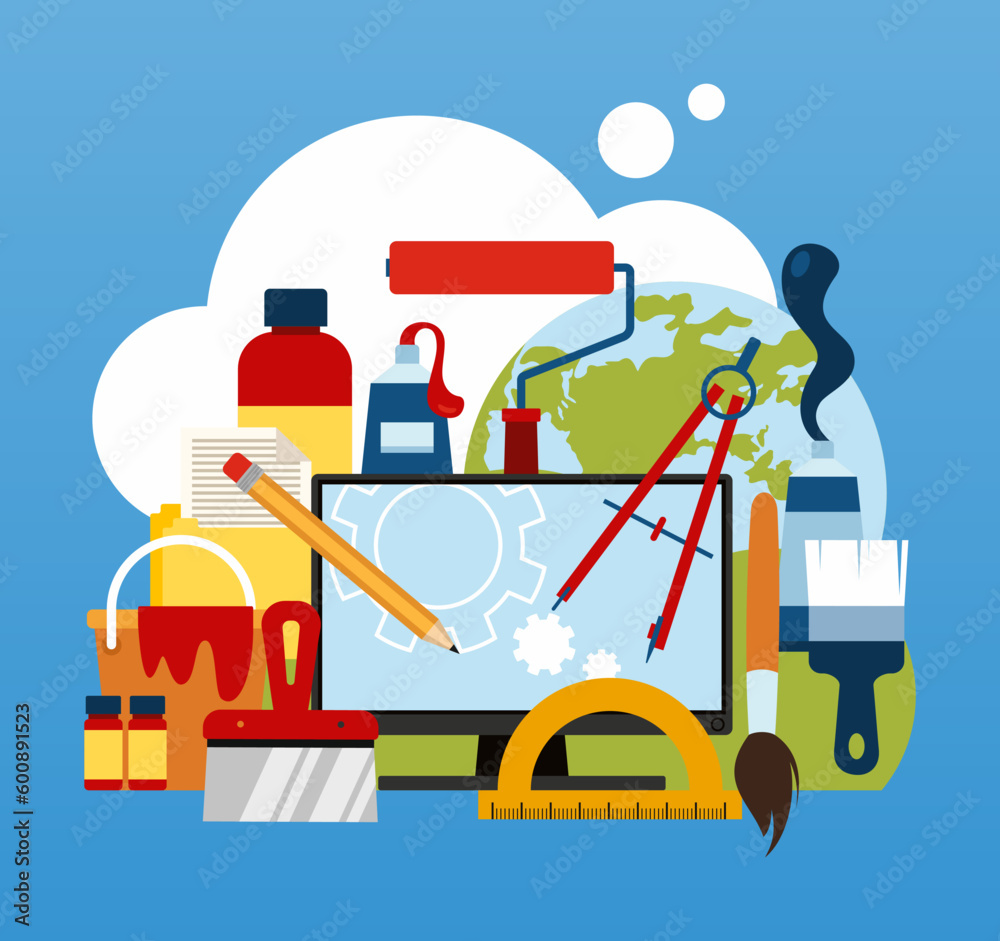 Icon for the profession of artist, decorator, painting, plasterer or design. The concept of the modernization and repair process. Vector illustration in cartoon style