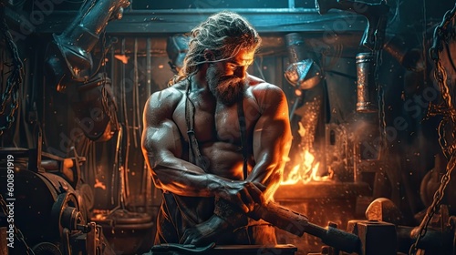 Master Craftsman: Hephaestus, the Greek God of Fire and Metalworking by Generative AI photo