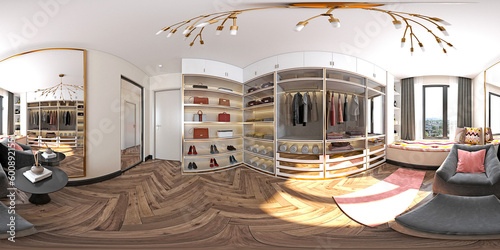 Fotografie, Obraz 360 degrees bedroom, cloakroom interior. 3d rendering