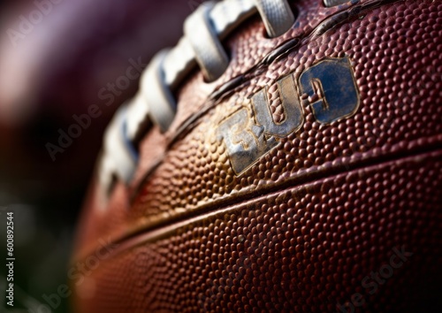 Detailed Macro Close-up of Leather Football with Laces and Stitching. Generative AI. © ern