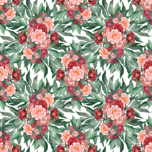Seamless floral pattern with peonies and leaves, watercolor illustration. Template design for textiles, interior, clothes, wallpaper