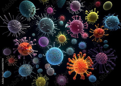A Close-up of Pathogens and Viruses isolated on Black Background. Concept of pandemic. Generative AI.