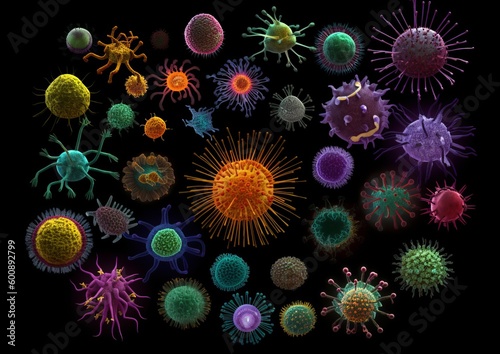 A Close-up of Pathogens and Viruses isolated on Black Background. Concept of pandemic. Generative AI.