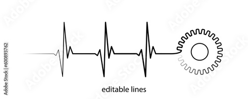 Editable lines heart rhythm illustration with gear wheel, heartbeat line vector design to use in healthcare, business, healthy lifestyle, medicine and ekg concept illustration projects. 