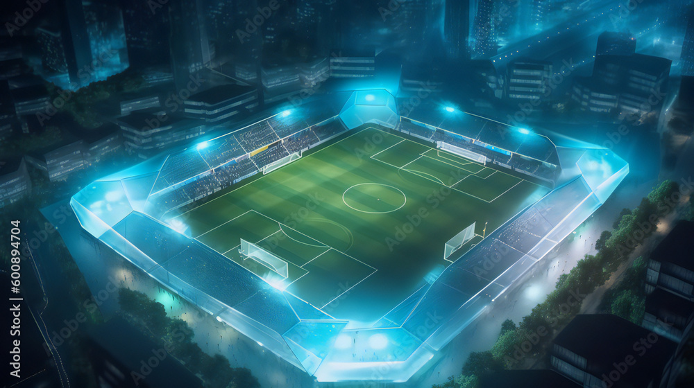 Aerial overhead view of a soccer stadium at night - Generative AI
