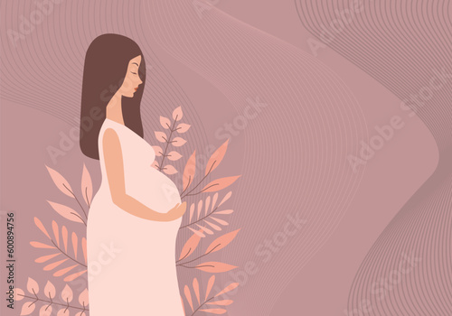 Beautiful pregnant woman banner with copy space, concept of pregnancy, family, parenthood. Vector flat illustration. Pink background. Motherhood, maternity, babies and pregnant woman