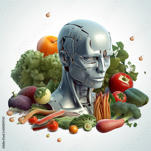 A robot head surrounded by vegetables and fruits. Healthy food Healthy life and fitness photo