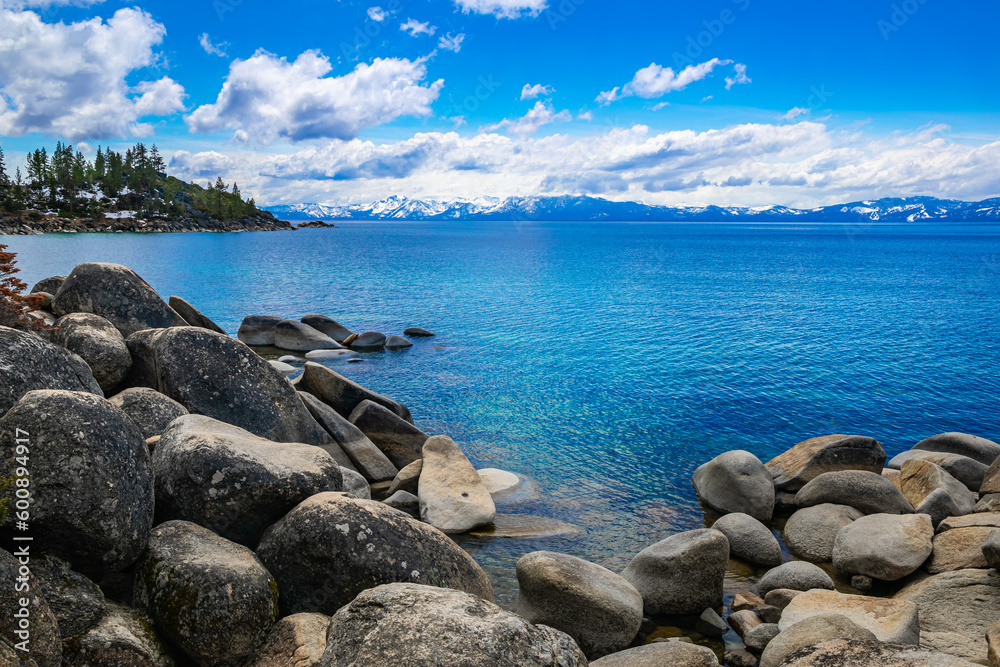 View of Lake Tahoe from granite boulder beach, looking to the California South side from the Northeast side near Artist's Point, Incline Village Nevada
