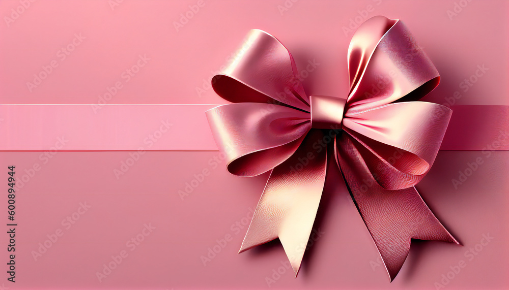 Pink gift ribbon and bow isolated horizontal on light pink background. Generative ai Pink gift ribbon and bow isolated horizontal on light pink background. Generative ai