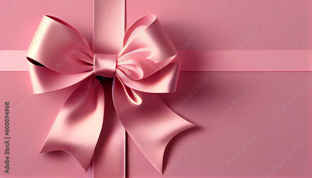 Pink gift ribbon and bow isolated horizontal on light pink background. Generative ai