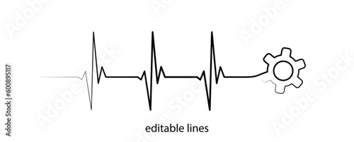 Editable lines heart rhythm illustration with gear wheel, heartbeat line vector design to use in healthcare, business, healthy lifestyle, medicine and ekg concept illustration projects. 
