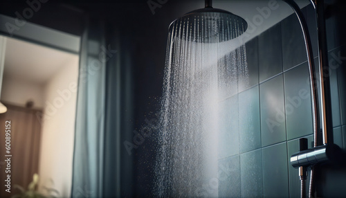 shower with flowing water and steam with window on background. Generative ai