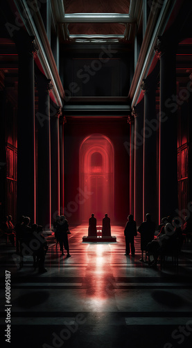 Dark room with pillars in front of it and sculptures in the style of light orange and light crimson. Beautiful red lighting volumetrics landscape. Generative AI
