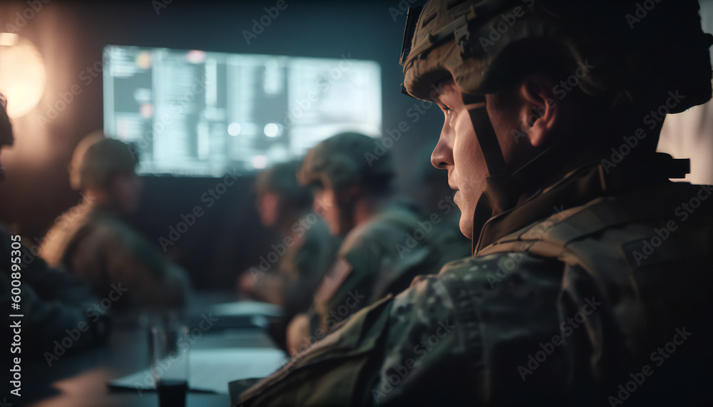 High-Ranking Military Man holds a Briefing to a Team of Government Agents. generative ai - obrazy, fototapety, plakaty 