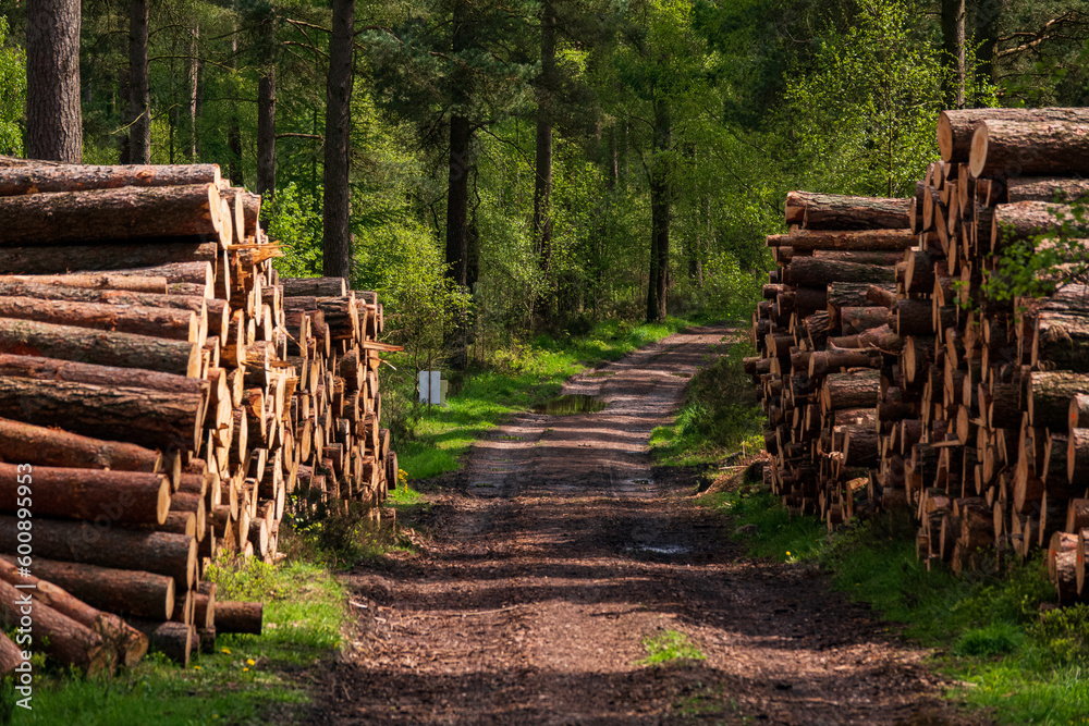 A walk through Beacon wood in Penrith Cumbria With log piles lining the path.