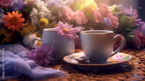 Tea cup and coffee cup with flowers on it, in the style of soft-focused realism. Generative AI