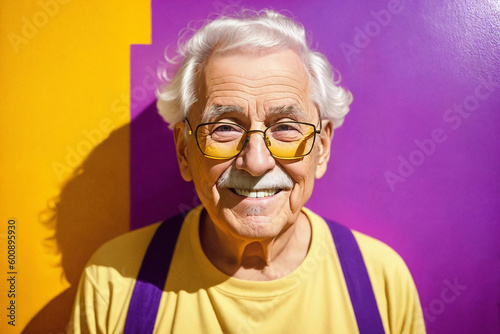 Portrait of an aged european man with gray hair and sunglasses on abstract colorful painted wall background, summer vibrancy. Generative AI.