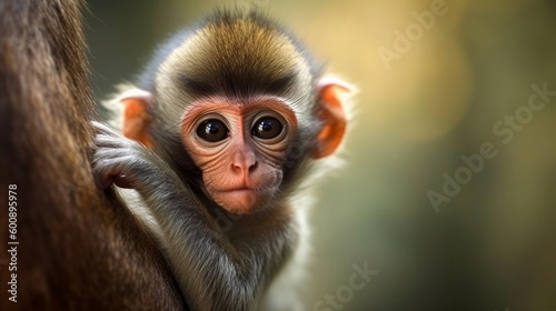 A baby monkey clinging to its mothers back. AI generated © ArtStage
