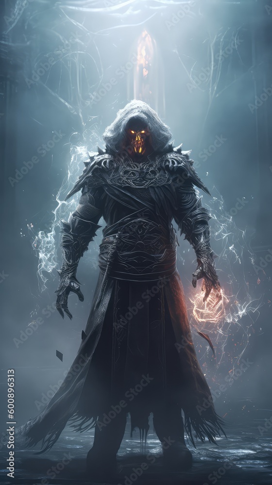 Obraz premium image generated by artificial intelligence, character design, void arcanist, mist, photorealistic, octane render, unreal engine, hyper detailed, volumetric lighting