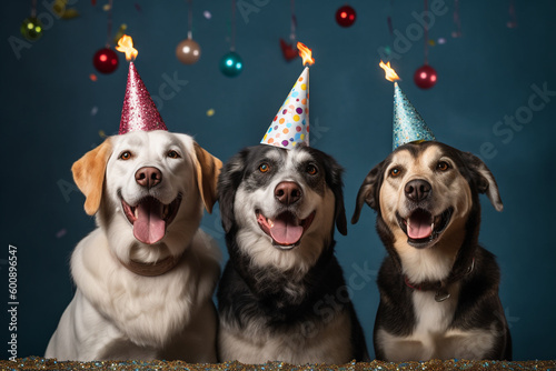 three funny dogs wearing a party huts smiling and having fun at a party with party background with balloons and streamers 