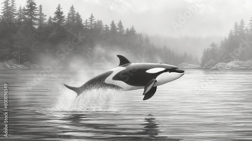 A black and white orca whale leaping out of the wate. AI generated