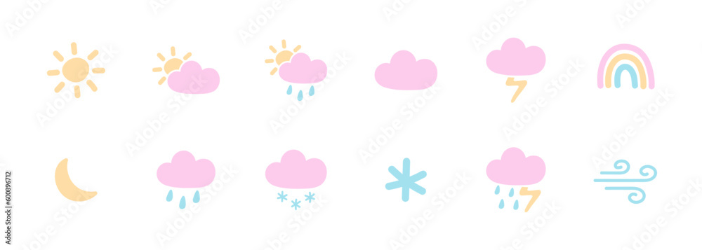 Set of 12 pastel weather icons. Can be used for web, apps, stickers. Isolated vector and PNG illustration on transparent background.	