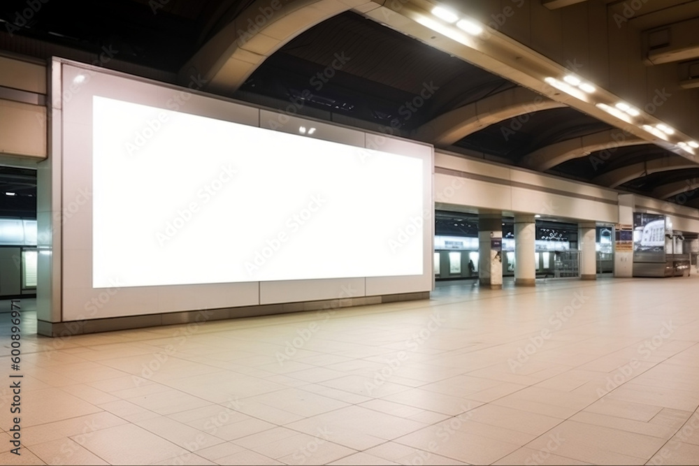 People in the train station and billboard blank, generative ai People in the train station and billboard blank, generative ai