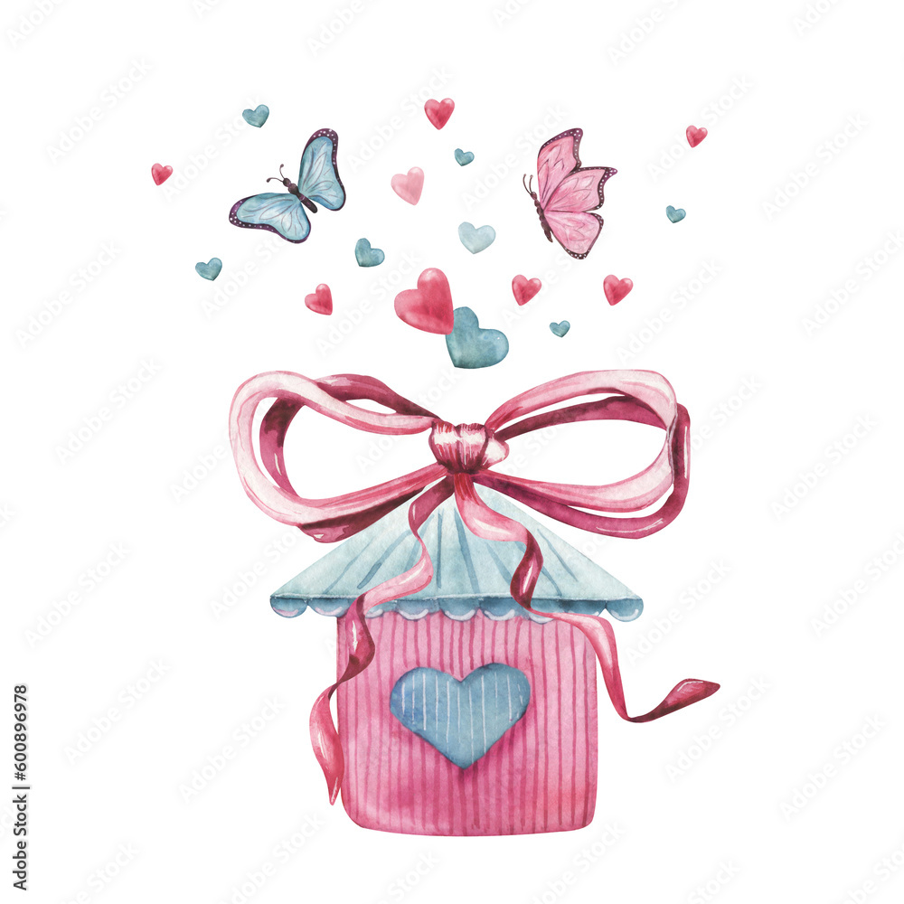 tiny love house with a bow, butterfly, hearts. watercolor illustration in pink magenta blue colors on a white background tiny love house with a bow, butterfly, hearts. watercolor illustration in pink magenta blue colors on a white background