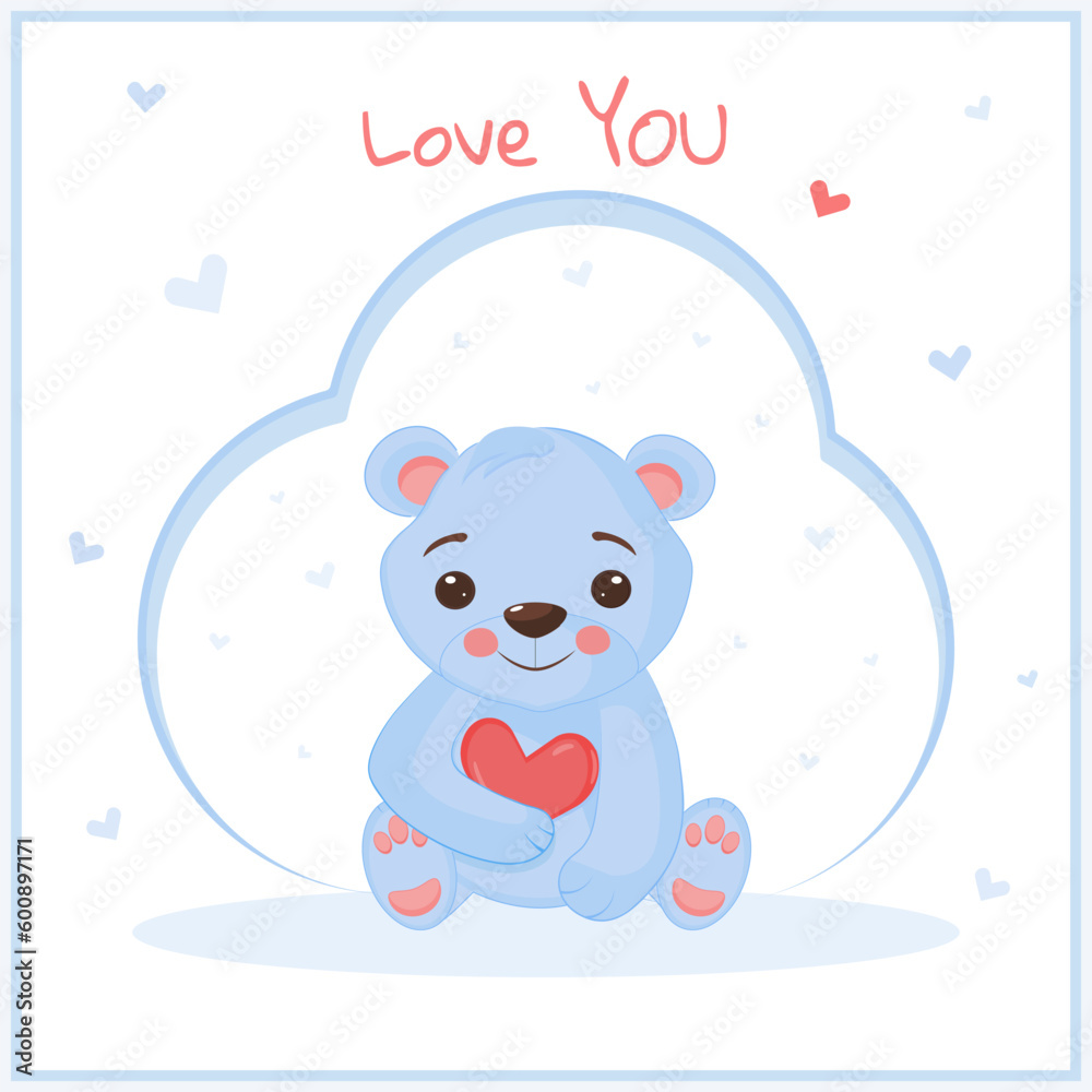 Love you card with bear and heart, blue, white, red Love you card with bear and heart, blue, white, red