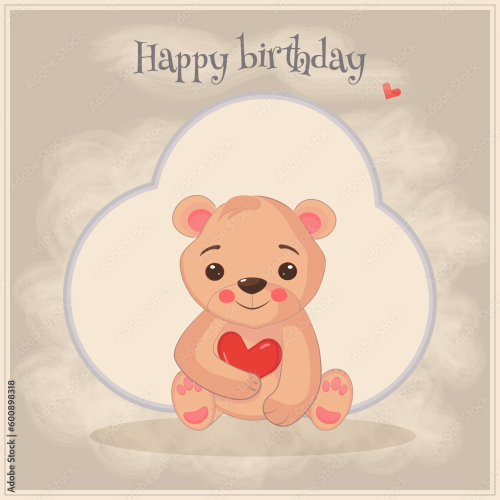 Happy birthday card with bear and heart with broun background Happy birthday card with bear and heart with broun background