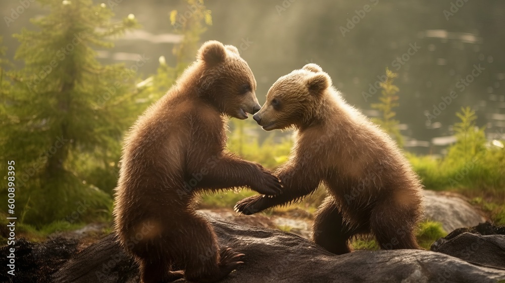 Fototapeta premium A brown bear cub play-wrestling with its sibling. AI generated