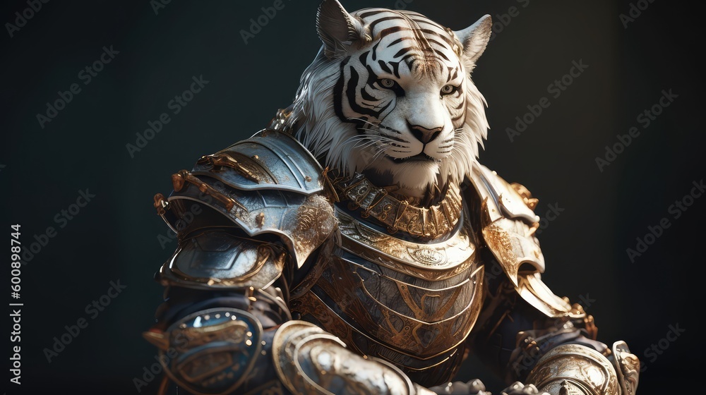 image generated by artificial intelligence, kneeling human tiger knight, portrait, finely detailed armor, intricate design, silver, silk, cinematic lighting, 4k image generated by artificial intelligence, kneeling human tiger knight, portrait, finely detailed armor, intricate design, silver, silk, cinematic lighting, 4k