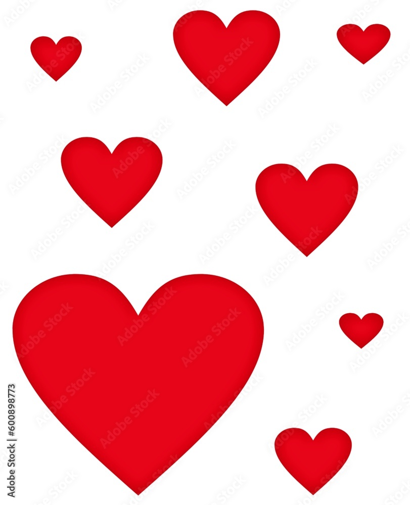 red hearts of different shapes on a white background